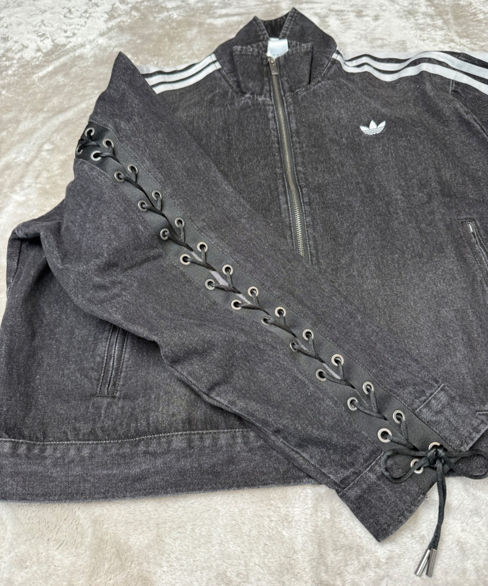 Adidas Originals Firebird Lace Up Black Denim Funnel Neck Jacket Womens M NWT